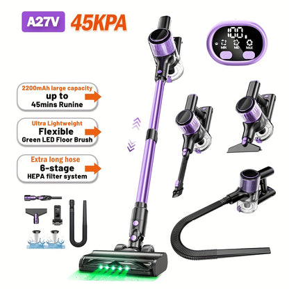 Aspirador doméstico sem fios de alta sucção, 10 em 1, multifuncional, com alcance de 45 minutos, 3 modos de sucção, luzes LED verdes melhoradas e escova anti-emaranhamento para casa, pavimentos de madeira, carpetes e pelos de animais.