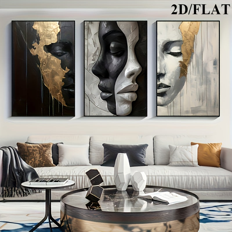 2D/Flat 3pcs Abstract Black and White Elegant Canvas Art with Wooden Frame, Large Wall Decor – Perfect for Living Room, Bedroom, Dining Room, Office – Ideal Halloween & Easter Gift, Flat 2D Design