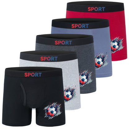 5pcs Football Print Boxer Briefs for Teen Boys - Breathable, Stretchy, Comfort Fit with Elastic Waistband & Half-Button Closure, Black with White & Red Soccer Design, Sports Underwear, Youth Athletic Wear, Sporty Boxers, Brea