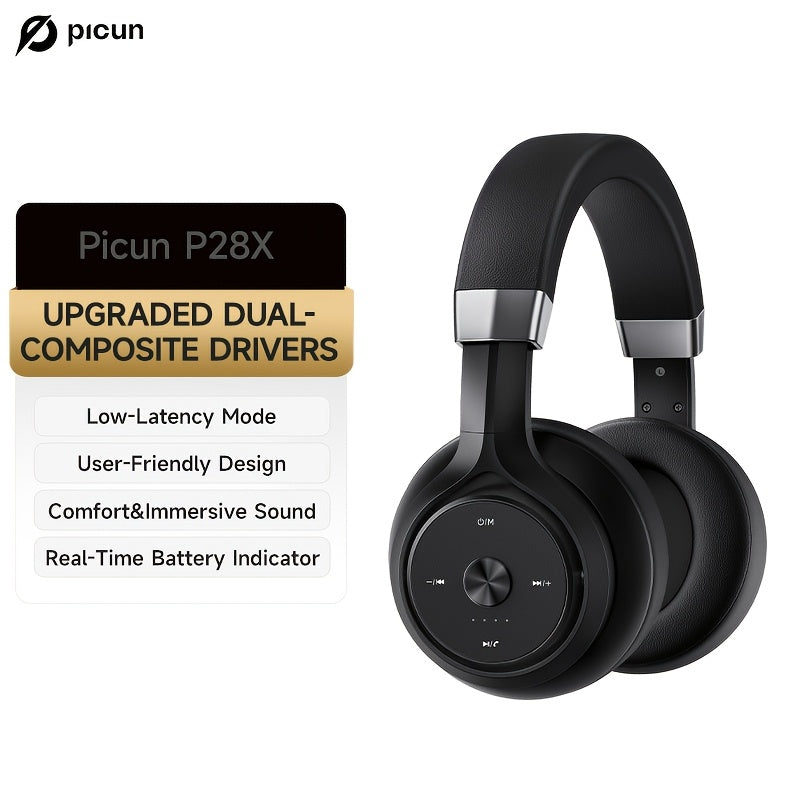 Picun Over-Ear Wireless Headphones, Wireless 5.3 with Low Latency Mode, Dual Composite Drivers for Hi-Fi Sound, 60H Playtime & Real-Time Battery Display, Wired/Wireless Dual Mode, Adjustable Head