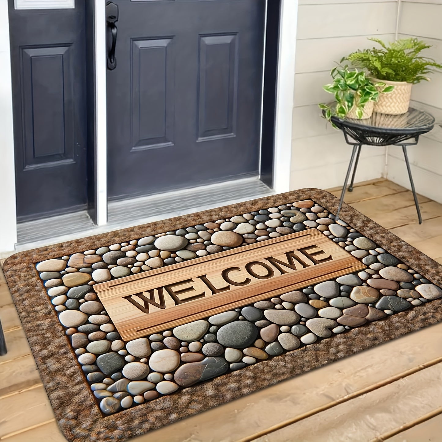2D Welcome Home Non-Slip Door Mat - Durable, Machine Washable Mat with Stone Pattern & Wood Texture Design - Perfect for Farmhouse Decor, All-Season Use, Polyester Material, Welcoming Entrance Mat | Natural Look Mat | Wooden