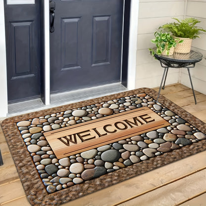 2D Welcome Home Non-Slip Door Mat - Durable, Machine Washable Mat with Stone Pattern & Wood Texture Design - Perfect for Farmhouse Decor, All-Season Use, Polyester Material, Welcoming Entrance Mat | Natural Look Mat | Wooden