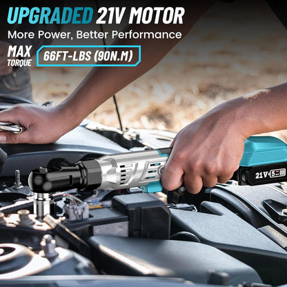 Seesii Cordless Ratchet 3/ 8", 90N.m 200RPM, 200RPM Power Ratchet Wrench 90N.m, 2 x 2.0A Batteries & Charger, Variable Speed Trigger, 8 Sockets, 1/ 4" & 1/ 2" Adapter, 3" Extension Bar