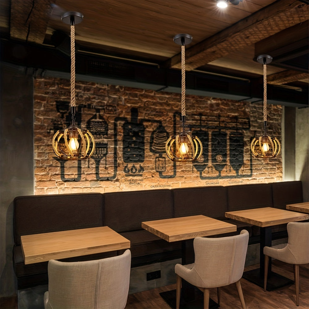 1pc Hemp Rope Chandelier, Industrial Black Metal Cage Shade Hemp Rope Hanging Lamp, Adjustable E26 Chandelier Lighting Kit For Cafe Kitchen Living Room Warehouse Bar (Not Include Bulb)