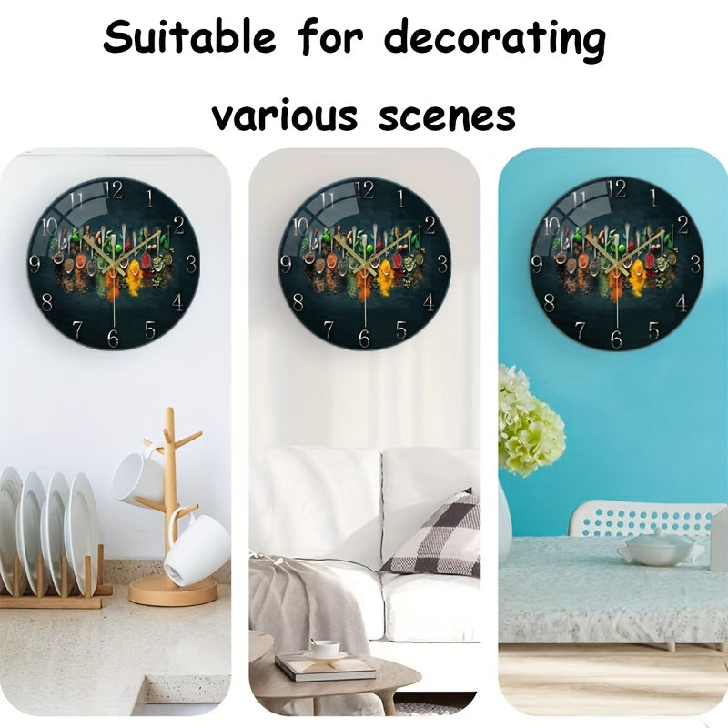 12-Inch Silent Glass Wall Clock with Vibrant Spice Design - Thick Reinforced Glass, Battery-Powered (AA), Modern Kitchen & Bedroom Decor, Perfect Gift for Christmas, Halloween, Birthdays, and More, Kitchen Wall Decor | Vibran