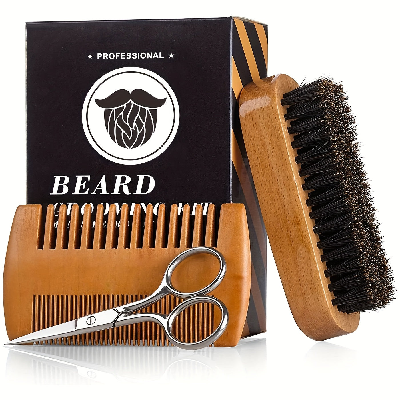 Wooden Beard And Comb Set For Men - Perfect For Beards Head Hair And Mustaches Men's Grooming Kit For Styling, Contain Wooden Comb, Bristle Brush, Scissors, Holiday Gift Father's Day Gift