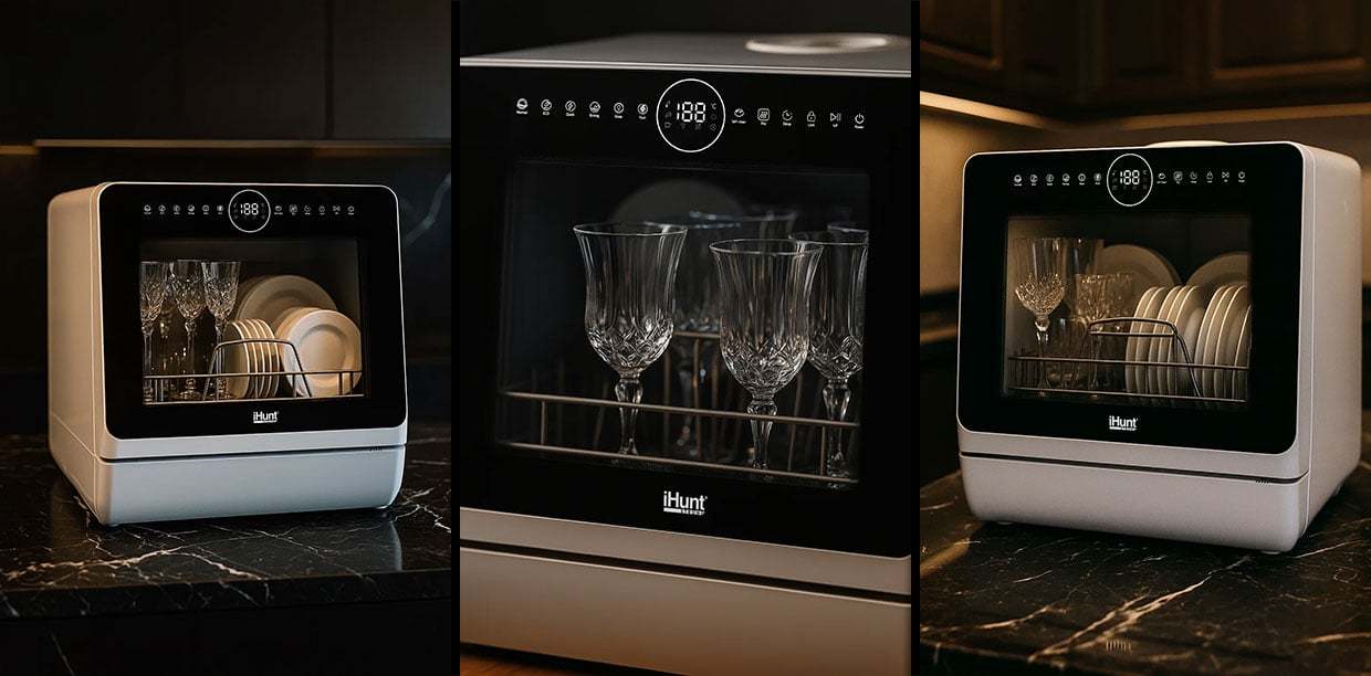 Máquina de lavar loiça compacta Ihunt Bro Xpert, Turbo Clean, 950W, com bomba de drenagem, controlo digital, classe B, 6 programas, aquecimento/secagem, torneira de abastecimento de água/manual, depósito de água de 5L, 45cm, branco
