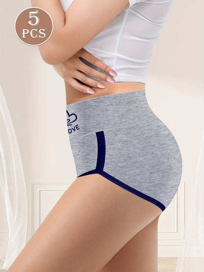 5pcs Women'S High-Waisted Shapewear Briefs - Comfortable Two-Tone Design with "LOVE" Heart & Paw Print Patterns, Breathable Polyester Blend, Sizes S-XXL, Cute Underwear, Highwaisted Underwear, Elegant Underwear, Comfortable F