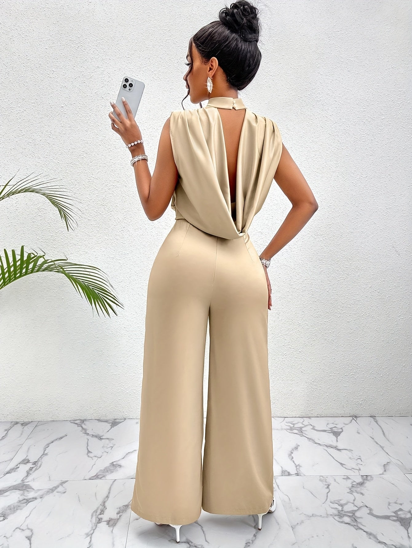 Women's Elegant High-Waisted Sleeveless Wide-Leg Jumpsuit - Beige Stand Collar Non-Stretch Machine Washable All-Season Versatile Outfit for Casual & Formal Events (NS702), Event Clothing | Sophisticated Style | Sophisticated