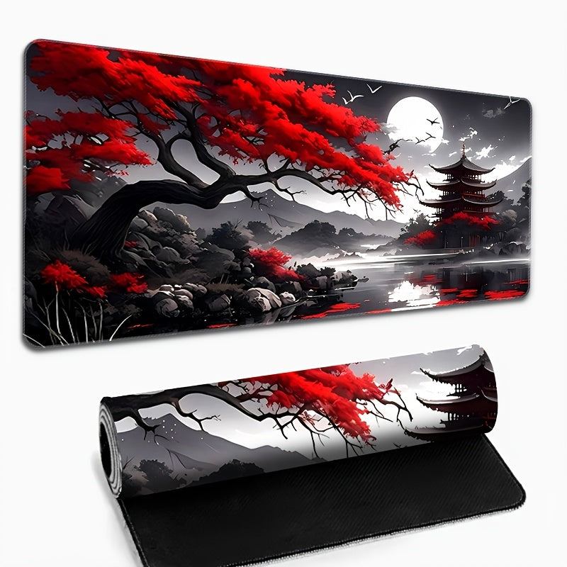 1pc, Traditional Japanese Landscape Mouse Pad, 59.94 x 34.8 cm, Extended Size, Durable Rubber Base, Non-Slip, HD Printed Antique Attic Design, Office & Gaming Mousepad, Durable Stitching, Ideal Gift for Gamers & Office Use
