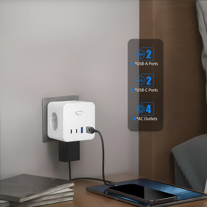 5-in-1 Portable Power Socket Adapter - 4000W Large Capacity, Compact Cube Design with 4 USB Ports & 2 AC Outlets, European Plug, On/Off Switch for Home & Office Appliances, White, Power Adapter for Electronics, Versatile Char