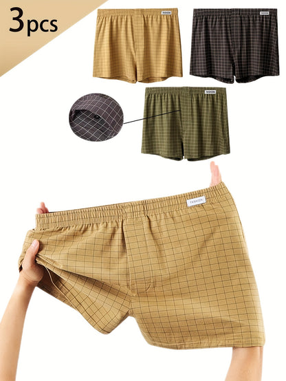 3pcs Men'S Loose Fit Plaid Boxer Briefs - 95% Mid-Rise Athletic Shorts with Elastic Waistband, Breathable & Comfortable for Casual Attire, Black/White/Beige/White/Gray/Beige, Everyday Comfort Shorts | Relaxed Fit Shorts | Med