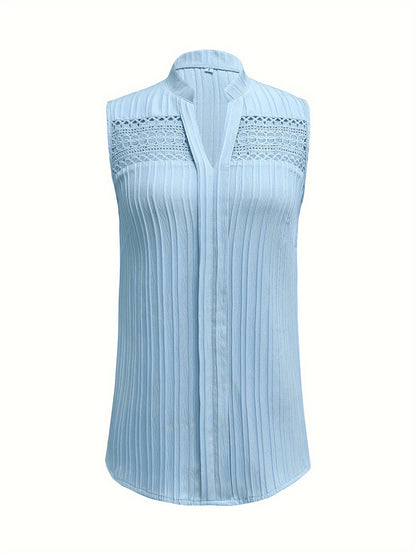 Lace Stitching V-neck Blouse, Elegant Sleeveless Top For Spring & Summer, Women's Clothing