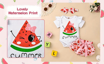 Conjunto de Roupa Infantil para Bebé Menina com Estampado de Abacate: Macacão, Calções e Fita para o Cabelo - 3 Peças - Ideal para o Verão e Atividades ao Ar Livre