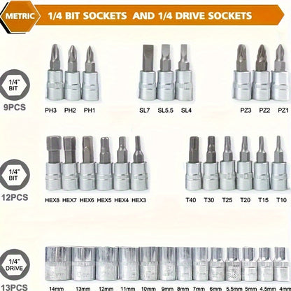 150/46pcs Auto Mechanical Repair Tool Set, Multifunctional with Socket, Wrench and Ratchet Set, Durable Metal Structure Tool Box with Storage Box, No Electricity Required