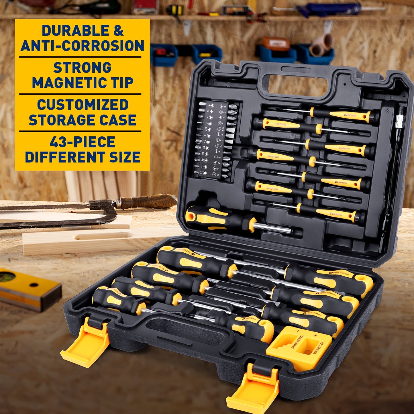 43pcs Professional Screwdriver Set with Magnetic Bit Holder - Chrome Vanadium Steel, Includes Slotted, Phillips, Hex, Torx Bits & Precision Tools - Durable Repair Kit for DIY & Industrial Use