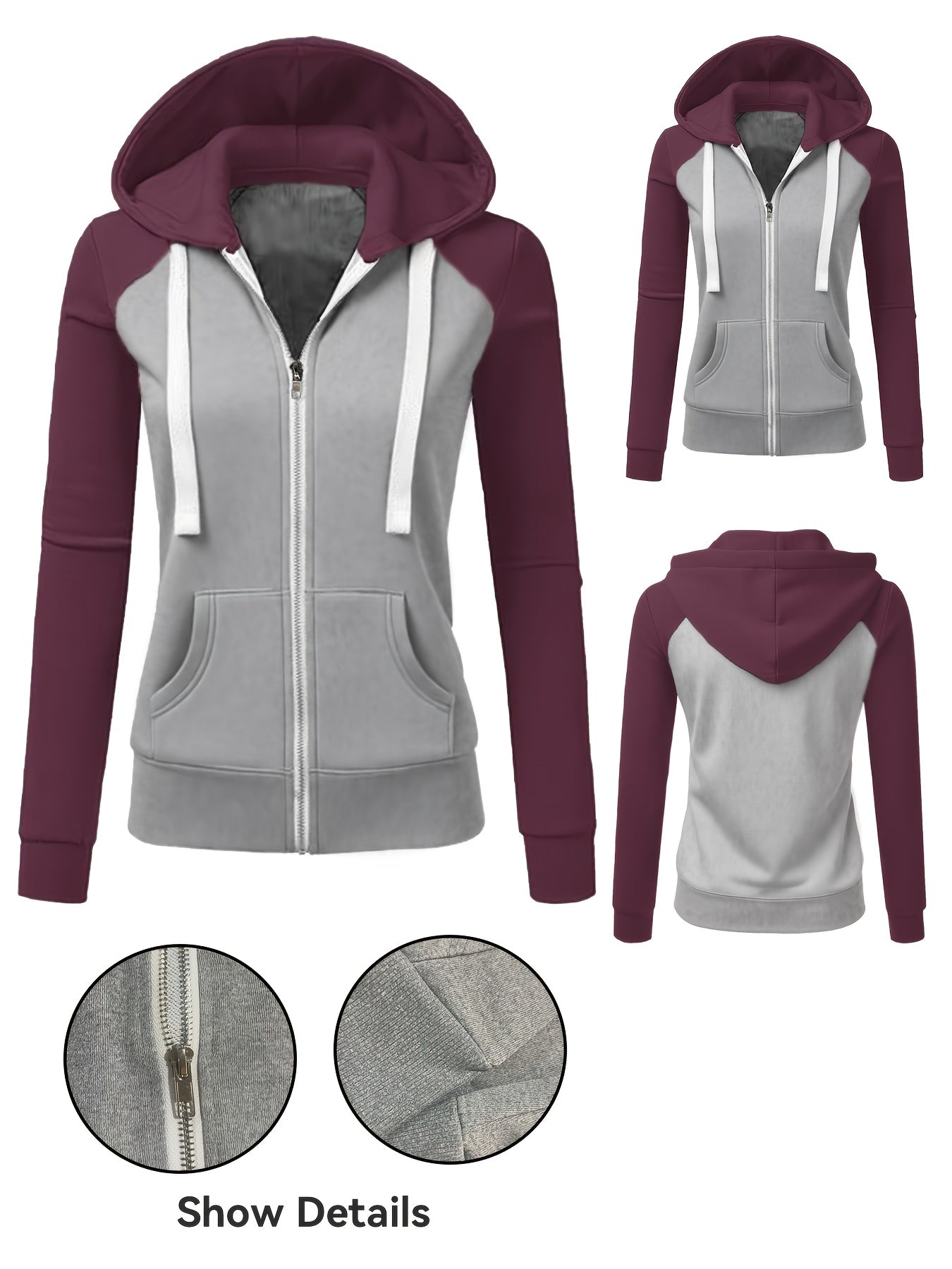 Women's Elegant Zip-Up Hooded Jacket - Slim Fit Winter Coat with Full-Zip Front Closure, Side Pockets - Machine Washable Outerwear for Office, Casual, Formal Events - Available Now!, Office Wear, Sleek Design, Soft Fabric, Fa