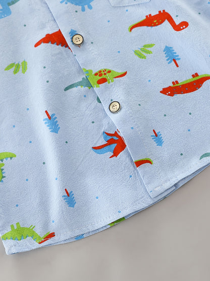 2pcs Baby Boys Dinosaur Print Button Short Sleeve Shirt Top & Elastic Waist Shorts Set Toddler Summer Clothes For Daily & Outdoor Wear
