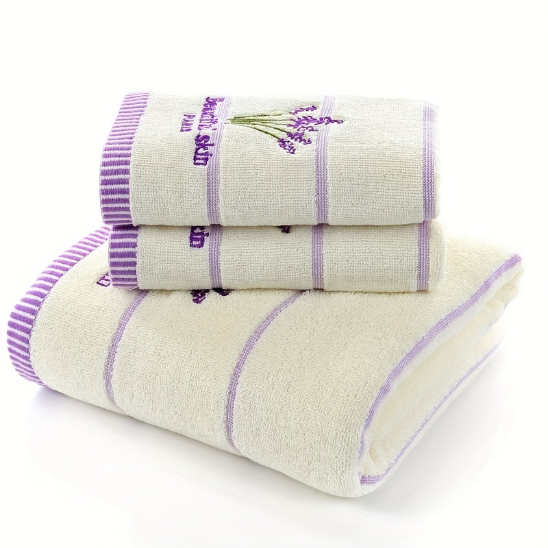 3pcs Lavender Pattern Towels Set, Including Bath Towel 70.0*140.0cm, 2 Face Towels 34.01*73.99cm, Bathroom Comfortable Soft Fabric Towels, Bathroom Supplies