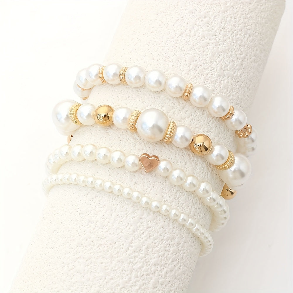 4pcs Set Real-Looking Faux Imitation Pearl Bracelet & Necklace-like Bead Set (No Coating) - White & Imitation Pearl with Golden-Tone Caps, Matching Large Beads - Wedding, Party, Daily Wear - Luxury Year-Round Collection for W