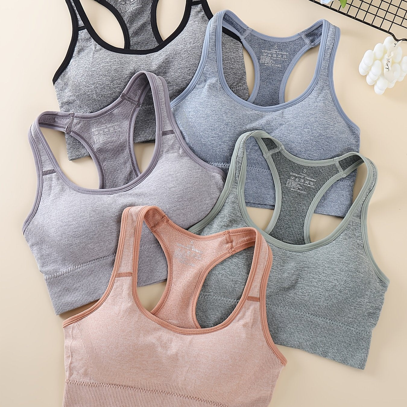 5pcs Women's High-Support Sports Bras - Removable Padding & Back Panel, Full-Coverage Tummy Control, Breathable Yoga Gym Bras with Multi-Color Options (Black/Dark Grey/Navy/Beige/Pink) - Moderate Lift for Heavy Breasts, Hand