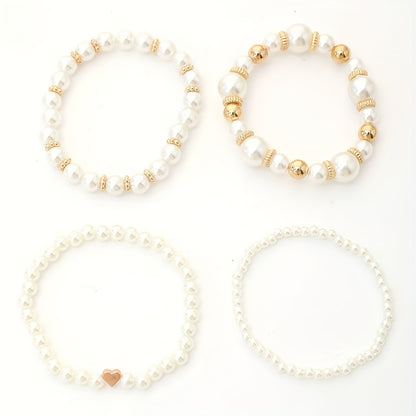 4pcs Set Real-Looking Faux Imitation Pearl Bracelet & Necklace-like Bead Set (No Coating) - White & Imitation Pearl with Golden-Tone Caps, Matching Large Beads - Wedding, Party, Daily Wear - Luxury Year-Round Collection for W
