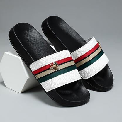 EKBN Men's Slip-Resistant Arch Support Mules - All-Season EVA Slip-On Slippers with Golden Buckle Strap & Black/Red/Green Striped Design, Cushioned Insole for Indoor/Outdoor House Shoes, Casual & Formal Wear - Comfortable & D
