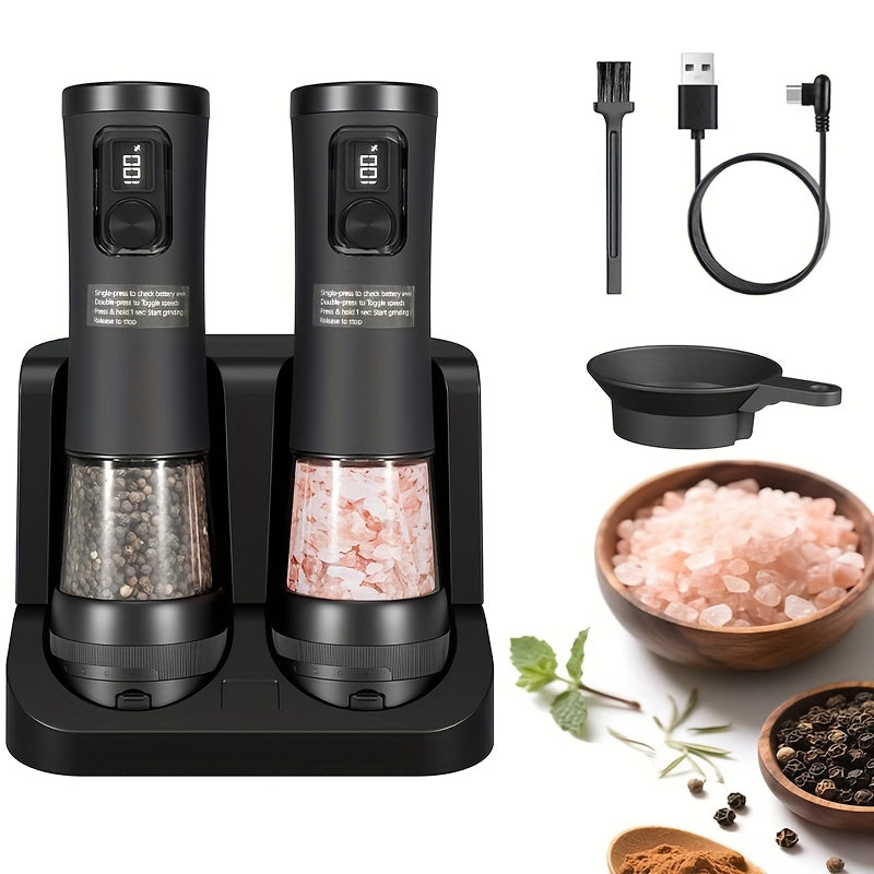 1pc/2pcs Upgraded Electric Pepper Grinder | Rechargeable Salt & Pepper Grinder - Variable Grinding Speed, External Coarseness Adjustment, Dust Cover & LED Light, Perfect for Restaurants, Kitchens, Picnics & Barbecues Christma