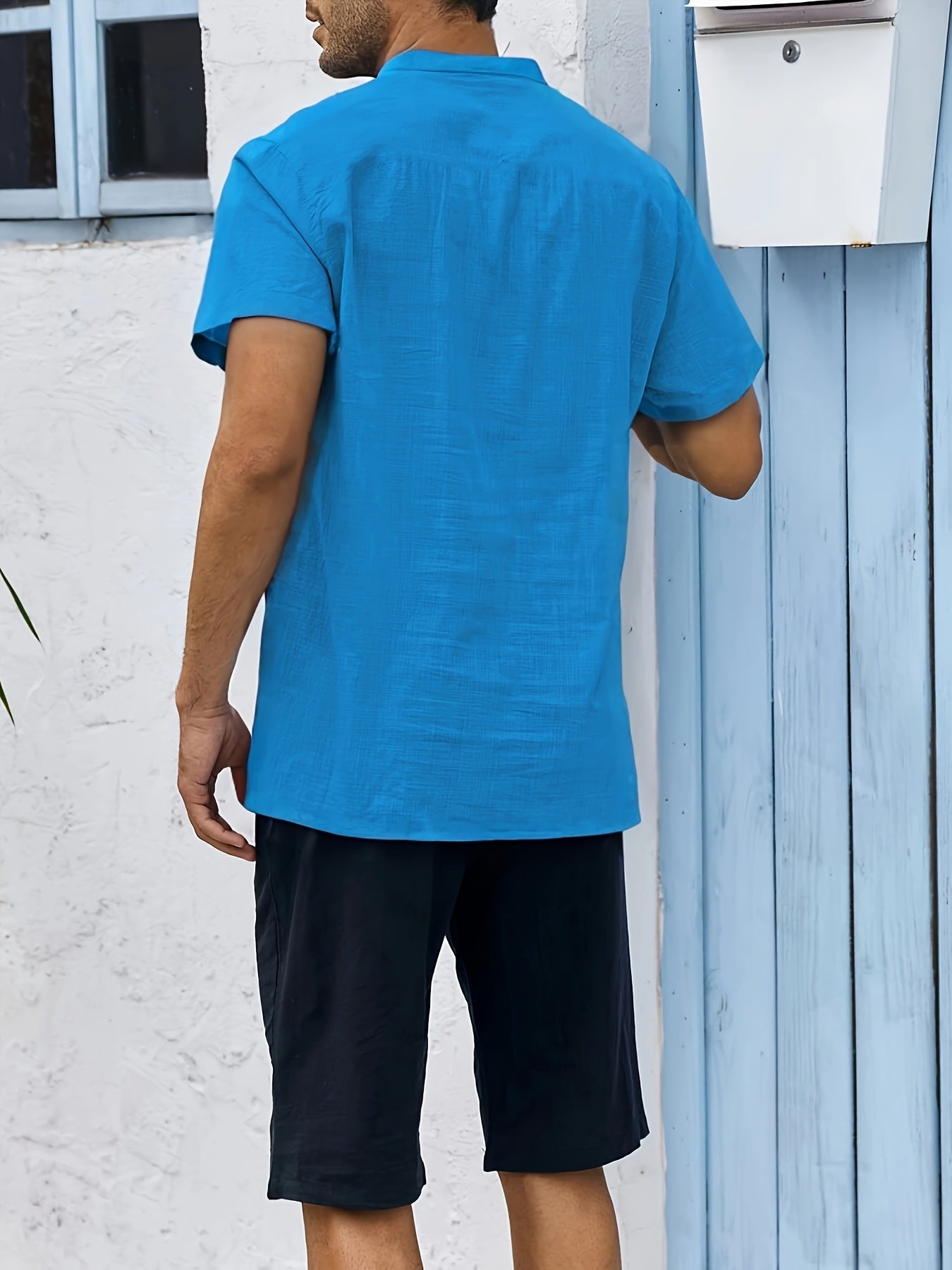 Men's Shirt Top, Solid Band Collar Short Sleeve Closure Summer Male Casual Henley Shirt For Daily Business Formal Shirts For Men