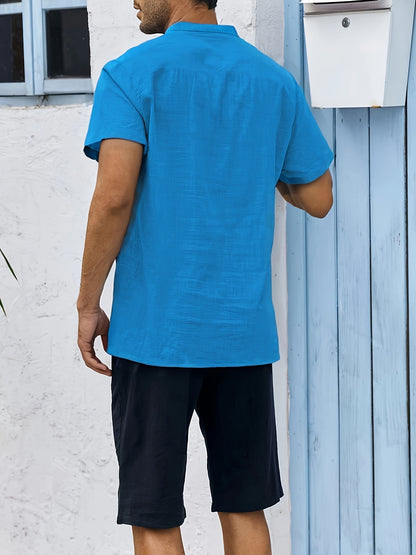 Men's Shirt Top, Solid Band Collar Short Sleeve Closure Summer Male Casual Henley Shirt For Daily Business Formal Shirts For Men