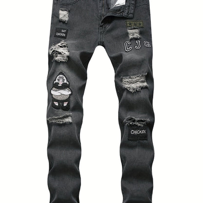 Men Fashion White Ripped Distressed Destroyed Washed Denim Jeans Ripped Slim Fit Wild Jeans White Denim Pants