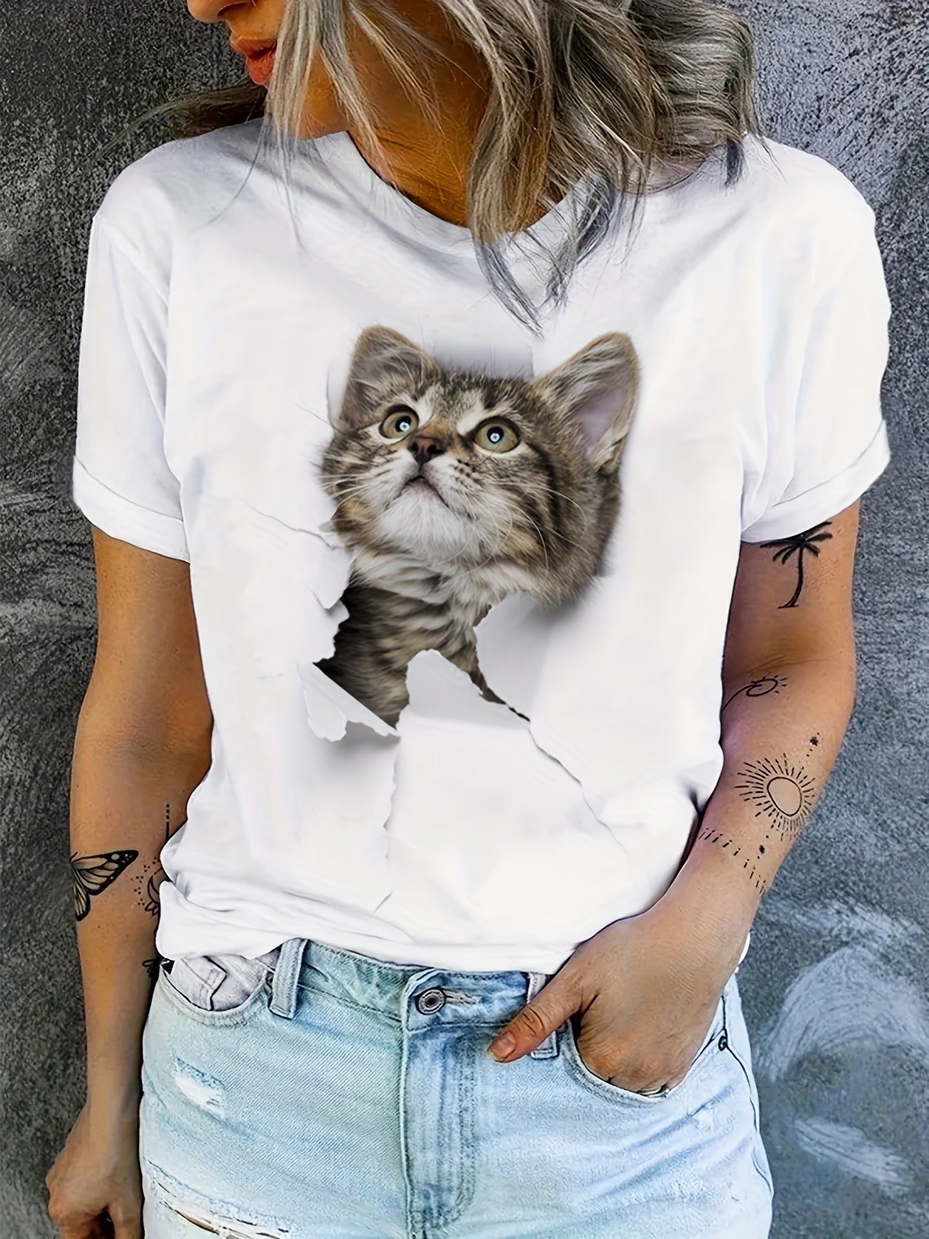 Cute Cat Print T-Shirt, Crew Neck Short Sleeve T-Shirt, Casual Every Day Tops, Women's Clothing