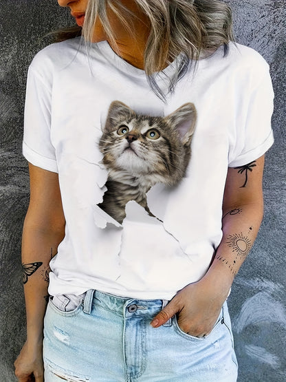 Cute Cat Print T-Shirt, Crew Neck Short Sleeve T-Shirt, Casual Every Day Tops, Women's Clothing