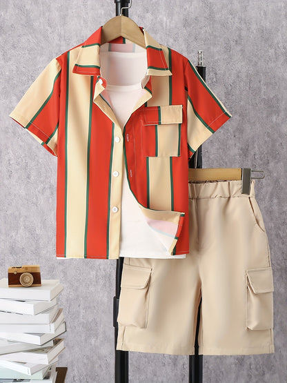 2pcs Boys Teen Casual Striped Short Sleeve Shirt & Pocket Side Shorts Set Clothes For Summer