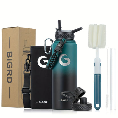 1pc BIGRD 40Oz 64Oz Insulated Water Bottle 304 Stainless Steel Spray Coating Dishwasher Safe, with 2 Lids, Sling Cup Sleeve, Hand-Held Braided Rope, Cup Brush, 2 Straws And Straw Brush, Color Box Packaging