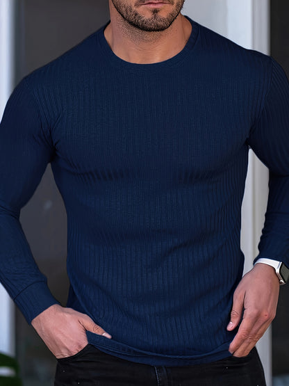 Ribbed Men's Casual Stretch Breathable Lightweight Long Sleeve Round Neck T-shirt For Spring Fall, Running Training