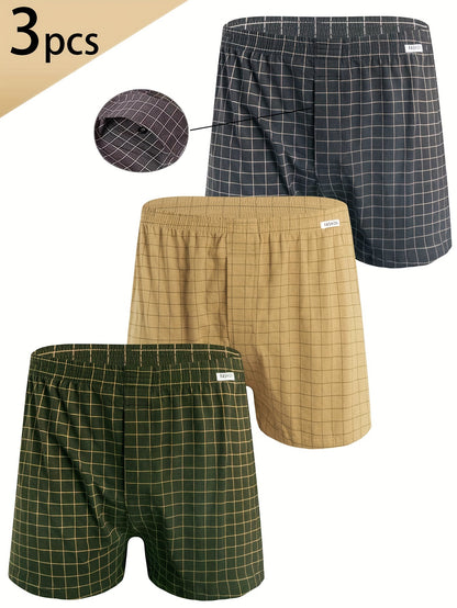 3pcs Men'S Loose Fit Plaid Boxer Briefs - 95% Mid-Rise Athletic Shorts with Elastic Waistband, Breathable & Comfortable for Casual Attire, Black/White/Beige/White/Gray/Beige, Everyday Comfort Shorts | Relaxed Fit Shorts | Med