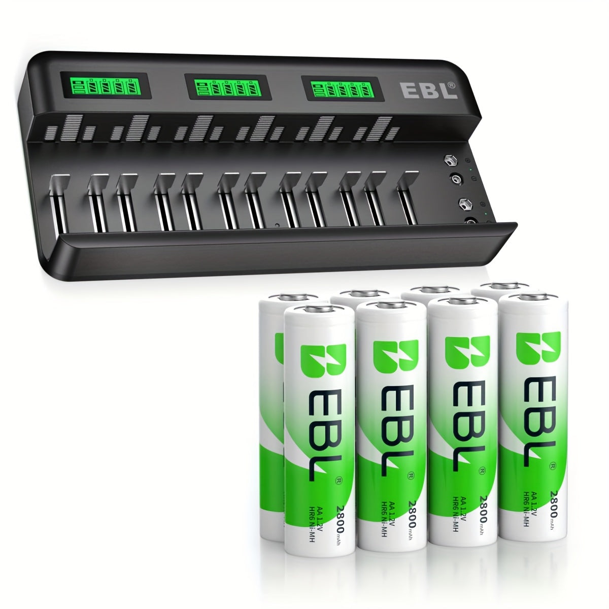 EBL 12+2 Bay LCD Rechargeable Battery Charger For AA AAA C D Ni-MH Ni-CD Rechargeable Batteries & 9V NiMH Ni-CD Li-ion Rechargeable Batteries