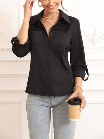 Solid Color Button Front Shirt, Casual Long Sleeve Pocket Shirt For Spring & Fall, Women's Clothing