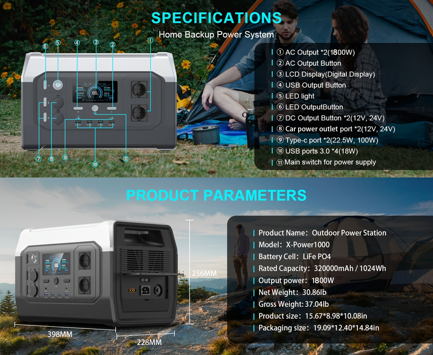 CTOLITY XP1000 Solar Generator 1024Wh LiFePO4 Portable Power Station - 1800W 2x AC Outlets, 100W Solar Panel, 1H Fast Charge, 3000+ Cycles for Camping, RV, Home Backup, Solar Power Bank Portable Charger