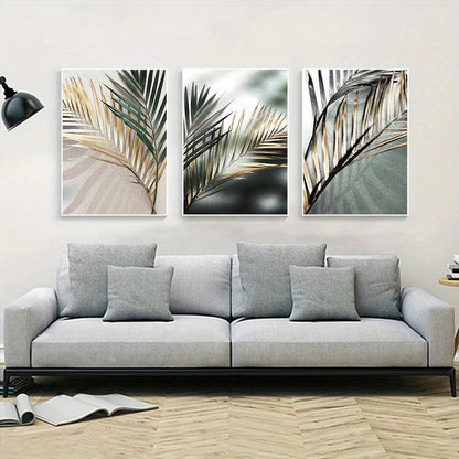 3pcs Nordic Botanical Wall Art - Golden Palm Leaf Plant Canvas Painting - Scandinavian Decoration - Home Decor - No Frame