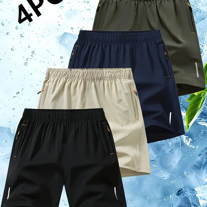 Conjunto de 4 calções desportivos para homem com riscas refletoras - Calções respiráveis ​​de secagem rápida para treinos de verão com bolsos, bege, azul marinho e preto. Calções para ténis e ginásio, design desportivo, tecido de secagem rápida.