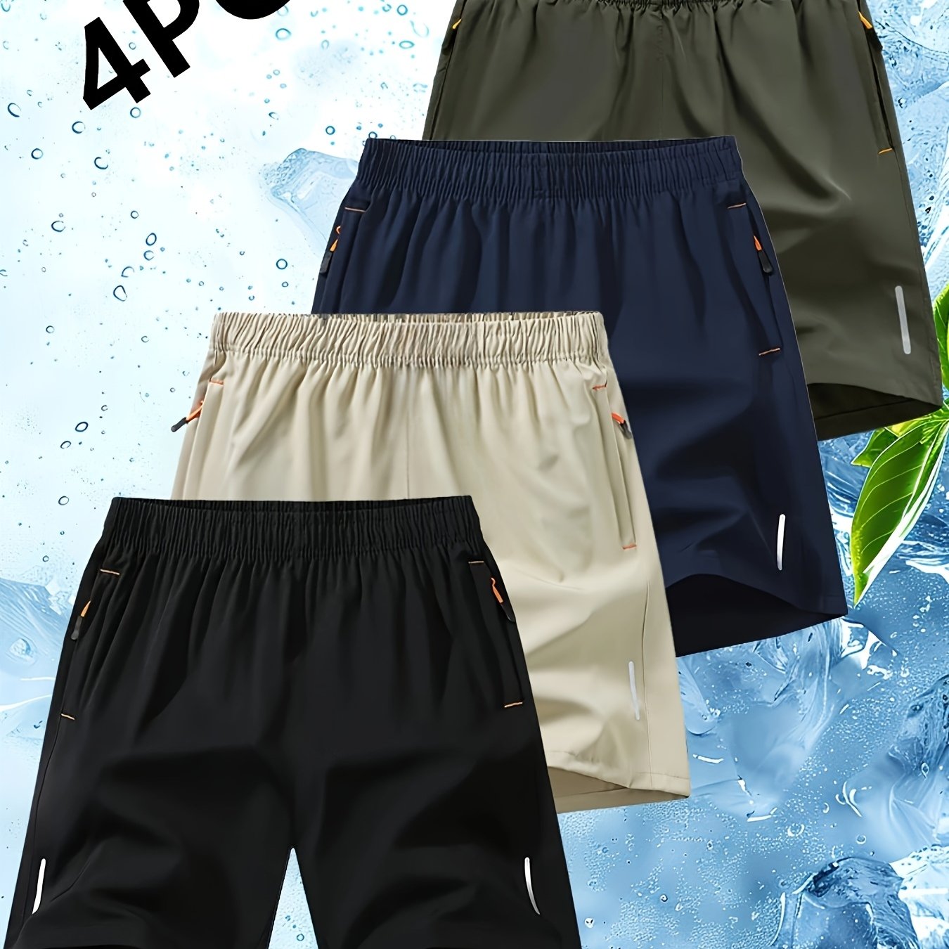 Conjunto de 4 calções desportivos para homem com riscas refletoras - Calções respiráveis ​​de secagem rápida para treinos de verão com bolsos, bege, azul marinho e preto. Calções para ténis e ginásio, design desportivo, tecido de secagem rápida.