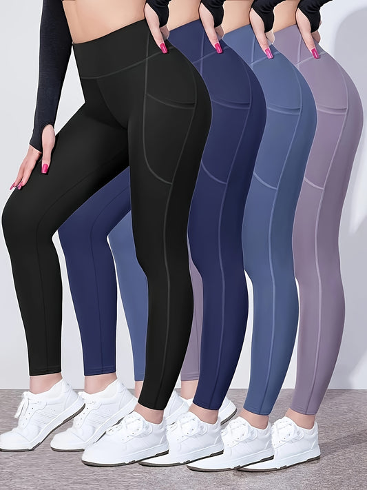 4pcs High-Waist Tummy Control Yoga Leggings - Stretchy, Slimming Activewear Pants with Pockets for Women
