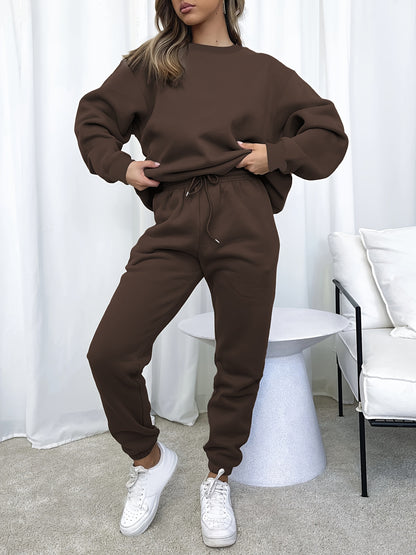 Solid Casual Two-piece Set, Crew Neck Long Sleeve Tops & Drawstring Jogger Pants Oufits, Women's Clothing
