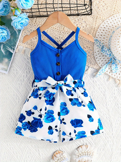Girls' Summer Casual Floral Print Off-Shoulder Jumpsuit with Adjustable Waist Belt - Lightweight Breathable Shorts for Outdoor Play & Daily Wear, Blue & White Flower Design, Perfect for Weekend Outings, Cute Outfits for Girls