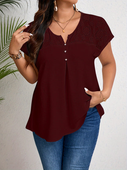 Women'S Plus Size Casual Top - Elegant Maroon Blouse with Contrast Lace Detail, Non-Stretch Fabric, Perfect for Spring/Summer/Fall, Plus Size Blouses