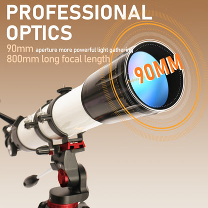 Telescope, 90mm Aperture 800mm Telescopes for Adults Astronomy, Portable Professional Refractor Telescope for Beginners, with Stainless Tripod & Phone Adapter, Carry Bag