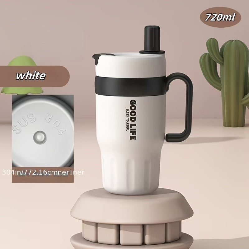 1pc 304 Stainless Steel Double-Walled Handle Tumbler, 720ml Large Capacity Sports Cup with Straw – Portable Outdoor Travel Mug, Essential High-Capacity Water Bottle for Car and Outdoors