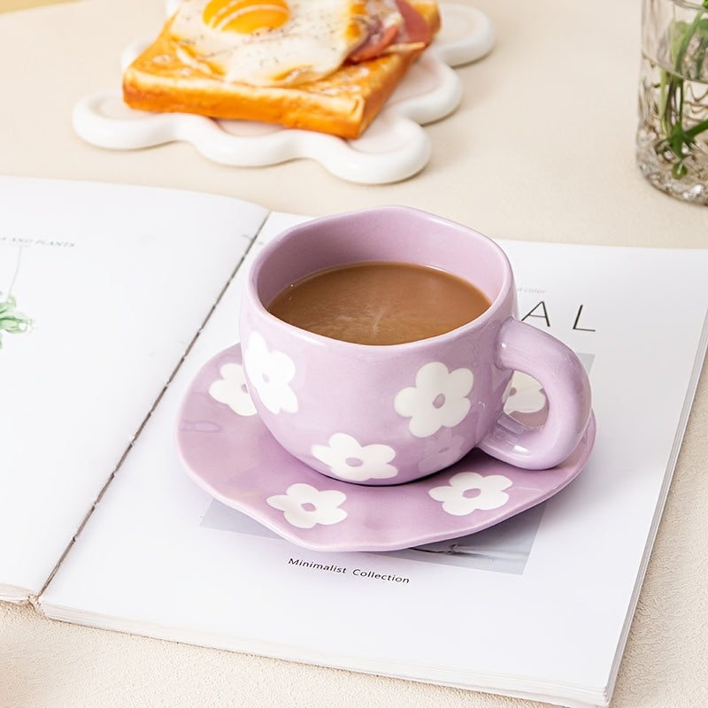 1set YumiPLUS Handmade Floral Ceramic Mug and Saucer Set, Purple Irregular Flower Design, 220ml/7.4oz, Reusable, Insulated, Machine Washable, Multipurpose Coffee Cup for Tea, Milk, Gift for Her